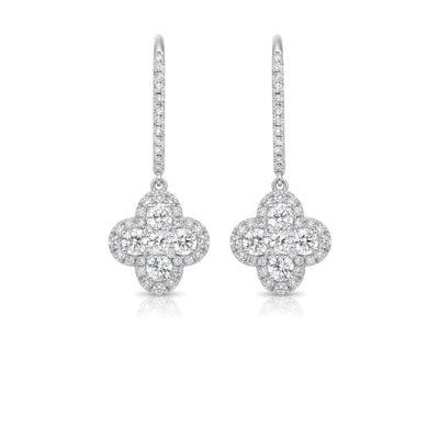 Round Brilliant Clover Halo Diamond Drop Earrings — round lab grown diamond earrings in solid hallmarked gold