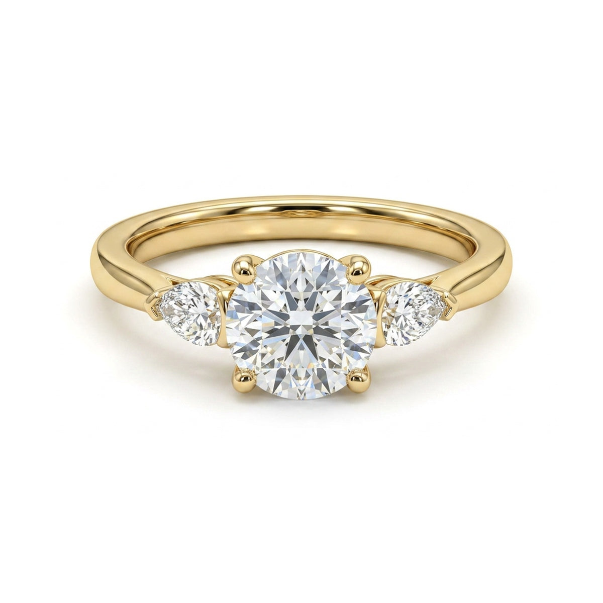 Round Brilliant Three-Stone Ring with Pear Sides — pear and round lab grown diamond ring by Vimora Diamonds