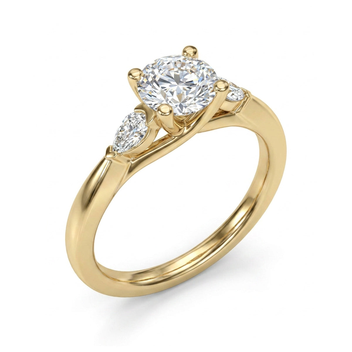 Round Brilliant Three-Stone Ring with Pear Sides in IGI certified lab grown diamond and BIS hallmarked gold