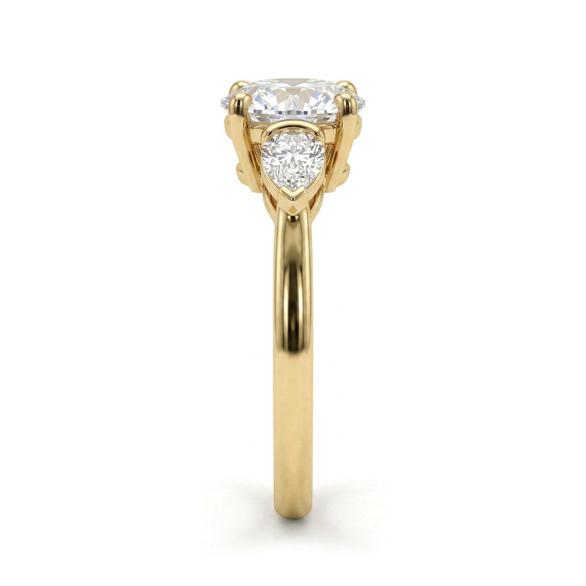 Round Brilliant Three-Stone Ring with Pear Sides — pear and round lab grown diamond ring in 9K, 14K or 18K gold