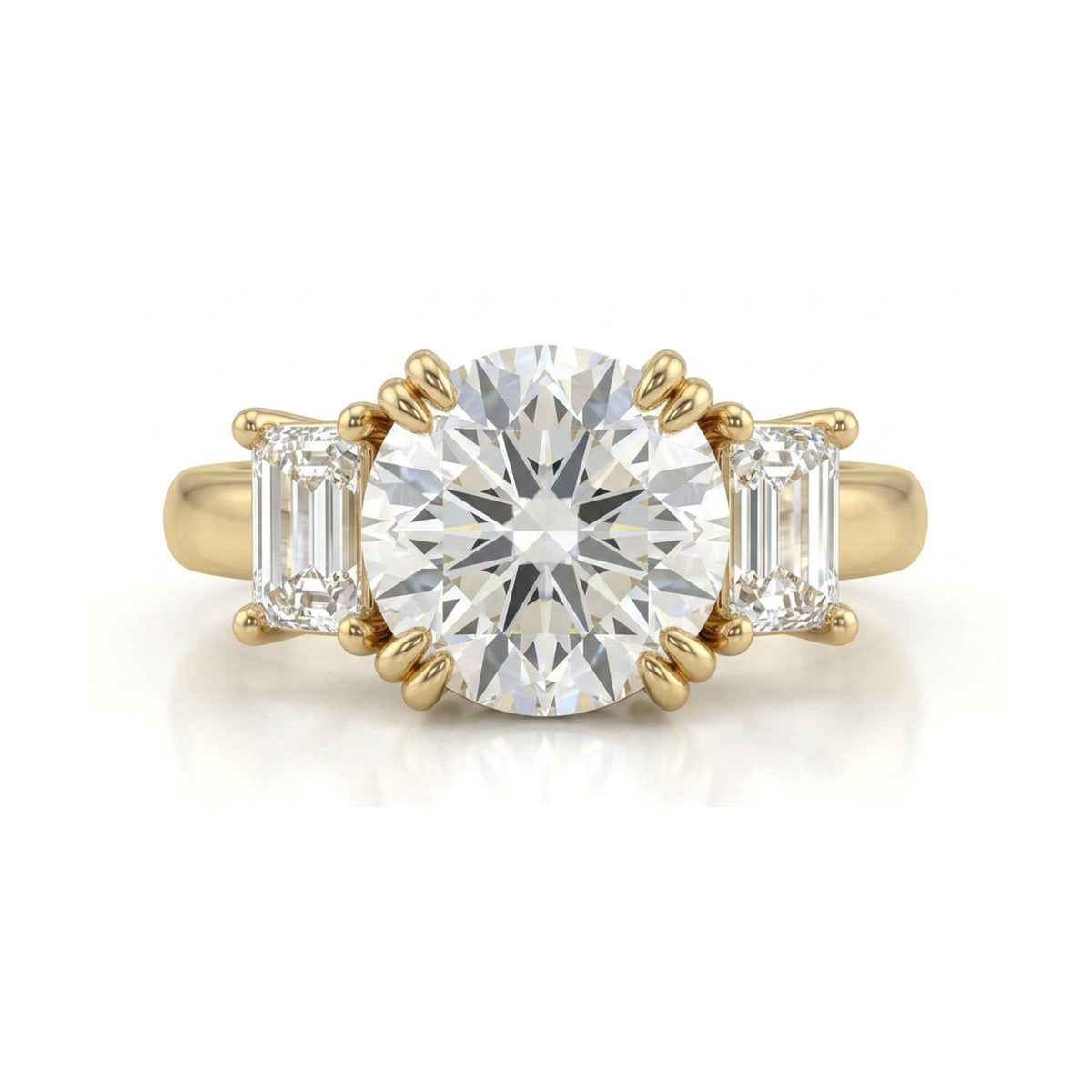 Round Brilliant Three-Stone Ring with Emerald-Cut Sides — emerald and round lab grown diamond ring by Vimora Diamonds