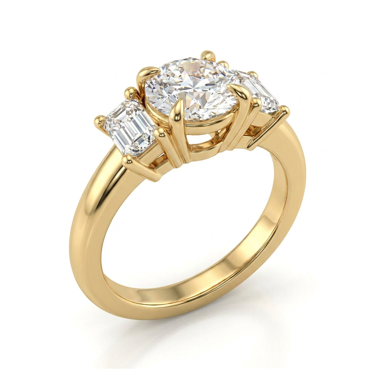 Round Brilliant Three-Stone Ring with Emerald-Cut Sides — emerald and round lab grown diamond ring in 9K, 14K or 18K gold