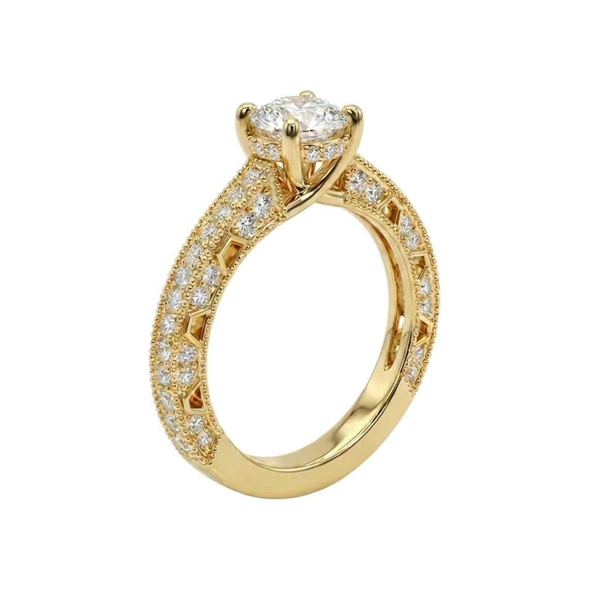 Vintage Round Brilliant Ring with Pavé Cathedral Band in IGI certified lab grown diamond and BIS hallmarked gold