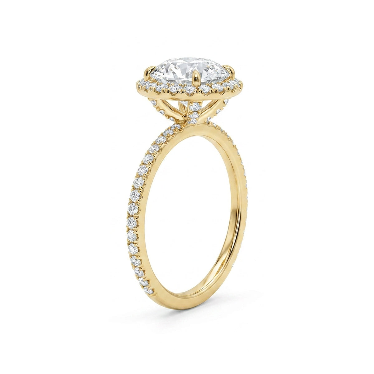 Round Brilliant Halo Ring with Pavé Band in IGI certified lab grown diamond and BIS hallmarked gold