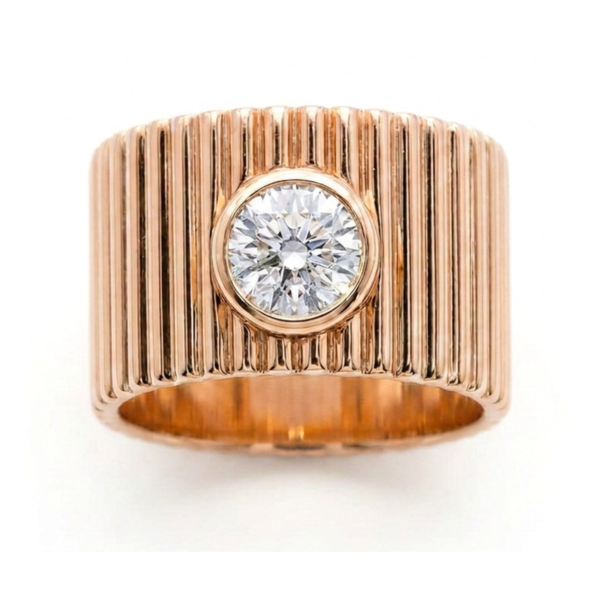 Fluted Wide Band Ring with Bezel-Set Round Brilliant — round lab grown diamond ring in 9K, 14K or 18K gold