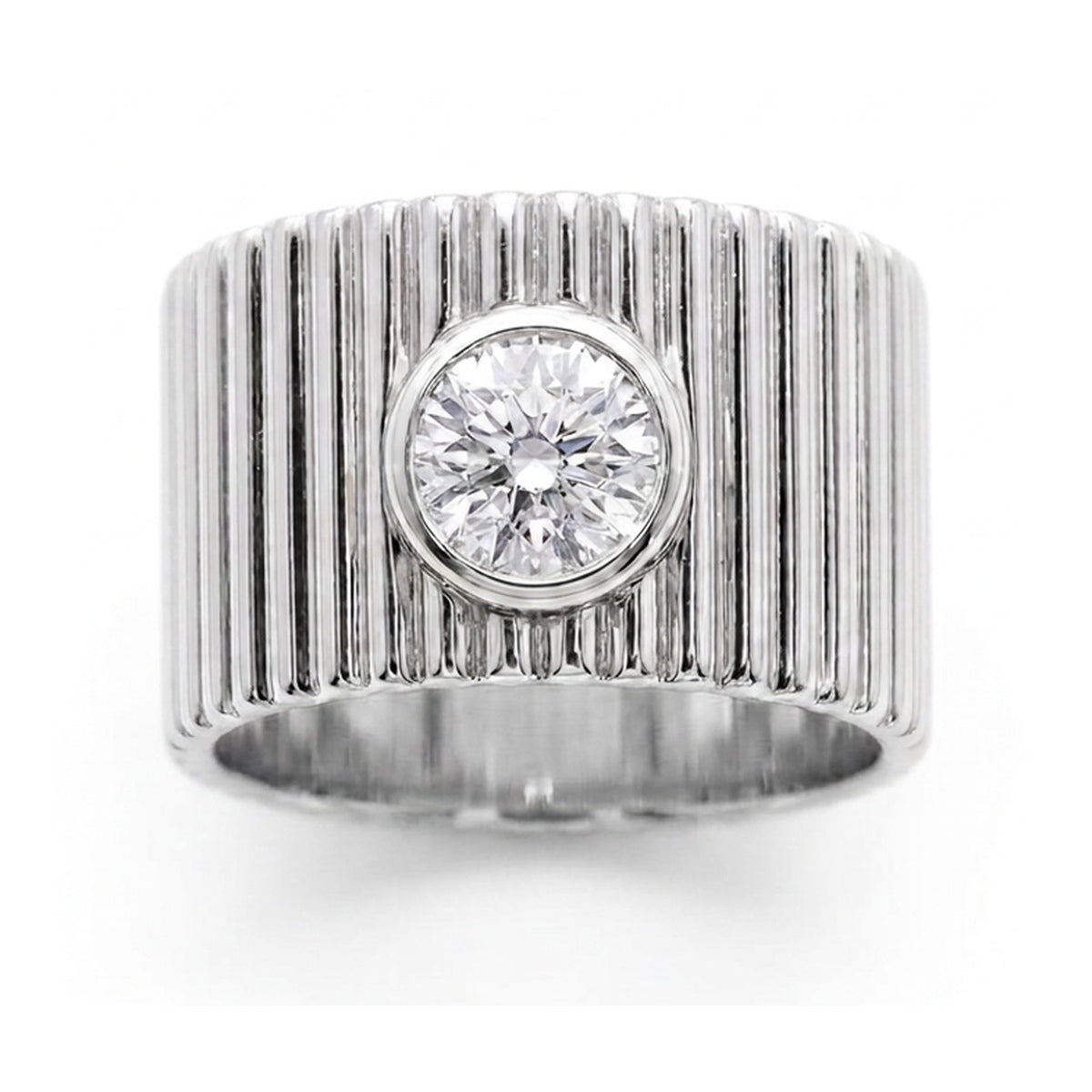 Fluted Wide Band Ring with Bezel-Set Round Brilliant — certified lab grown diamond ring from Vimora Diamonds