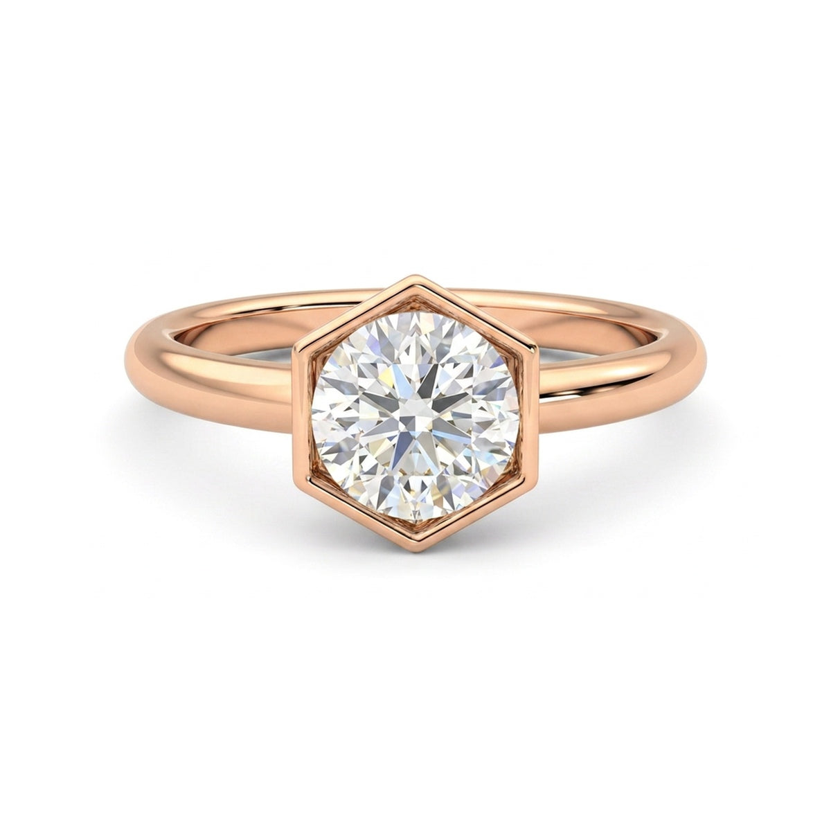 Hexagon Bezel Solitaire Ring — round lab grown diamond ring in 9K, 14K or 18K gold