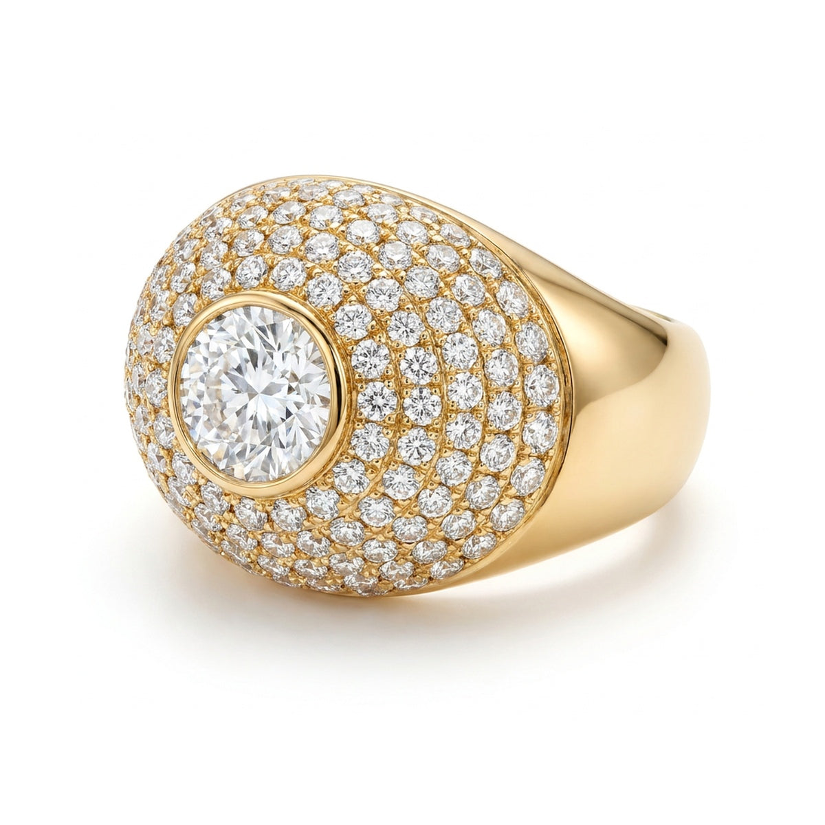 Bombé Dome Ring with Pavé and Bezel-Set Centre in IGI certified lab grown diamond and BIS hallmarked gold