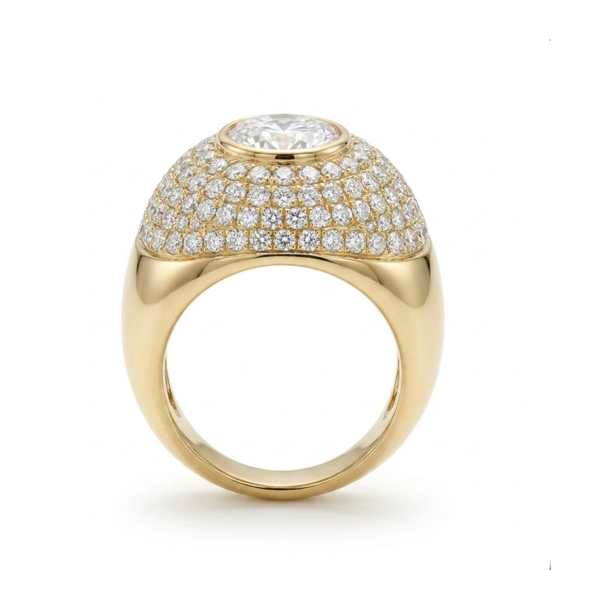 Bombé Dome Ring with Pavé and Bezel-Set Centre — round lab grown diamond ring in 9K, 14K or 18K gold
