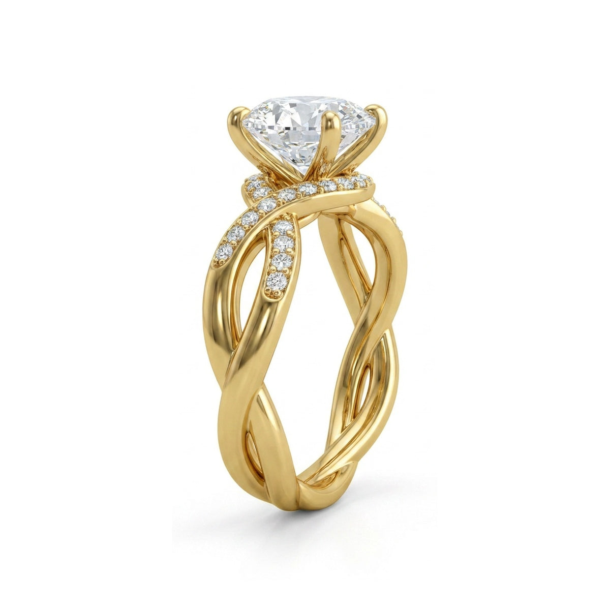 Twist Shank Solitaire Ring with Pavé — round lab grown diamond ring in 9K, 14K or 18K gold