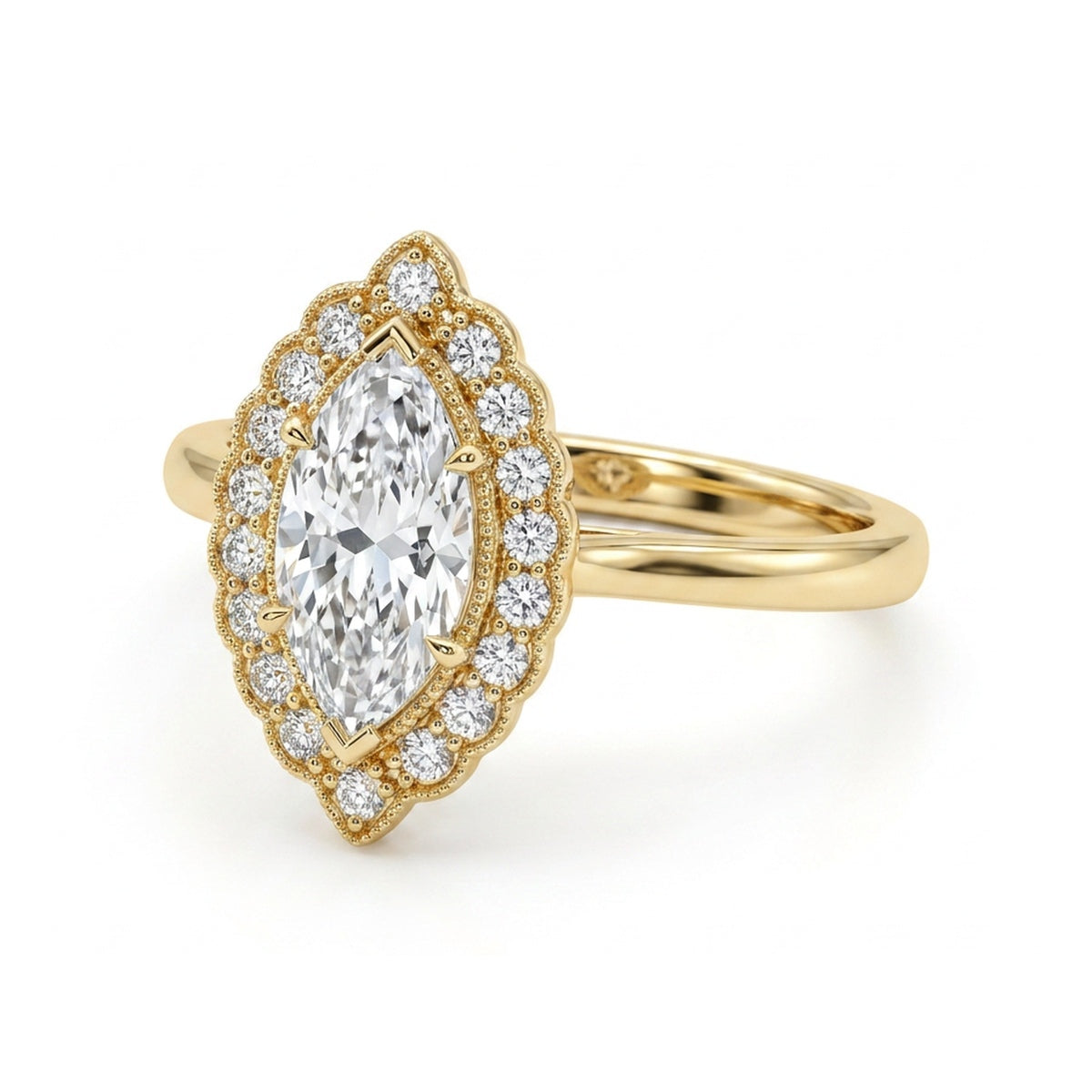 Vintage Marquise Halo Ring in IGI certified lab grown diamond and BIS hallmarked gold