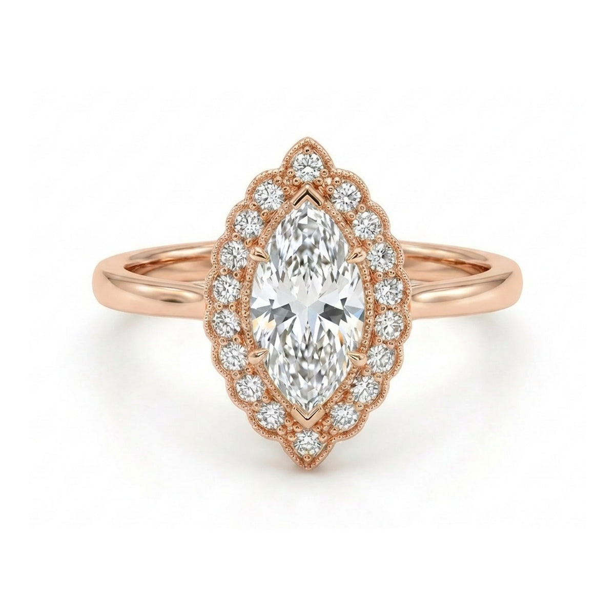 Vintage Marquise Halo Ring — marquise lab grown diamond ring in 9K, 14K or 18K gold
