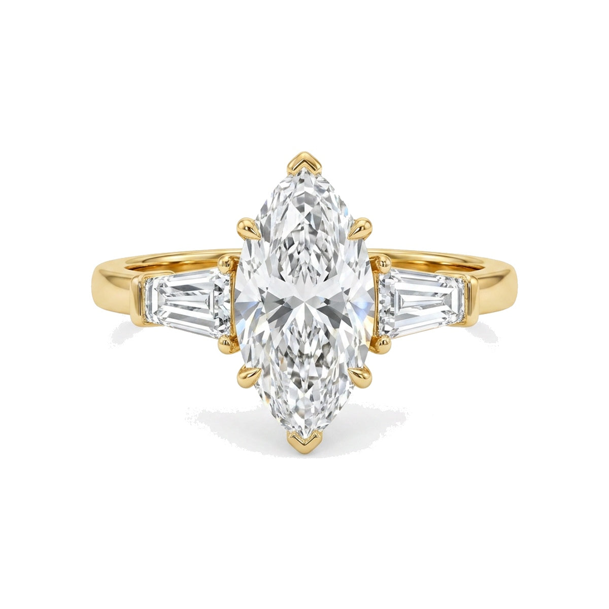 Marquise Three-Stone Ring with Tapered Baguette Sides — marquise and baguette lab grown diamond ring by Vimora Diamonds