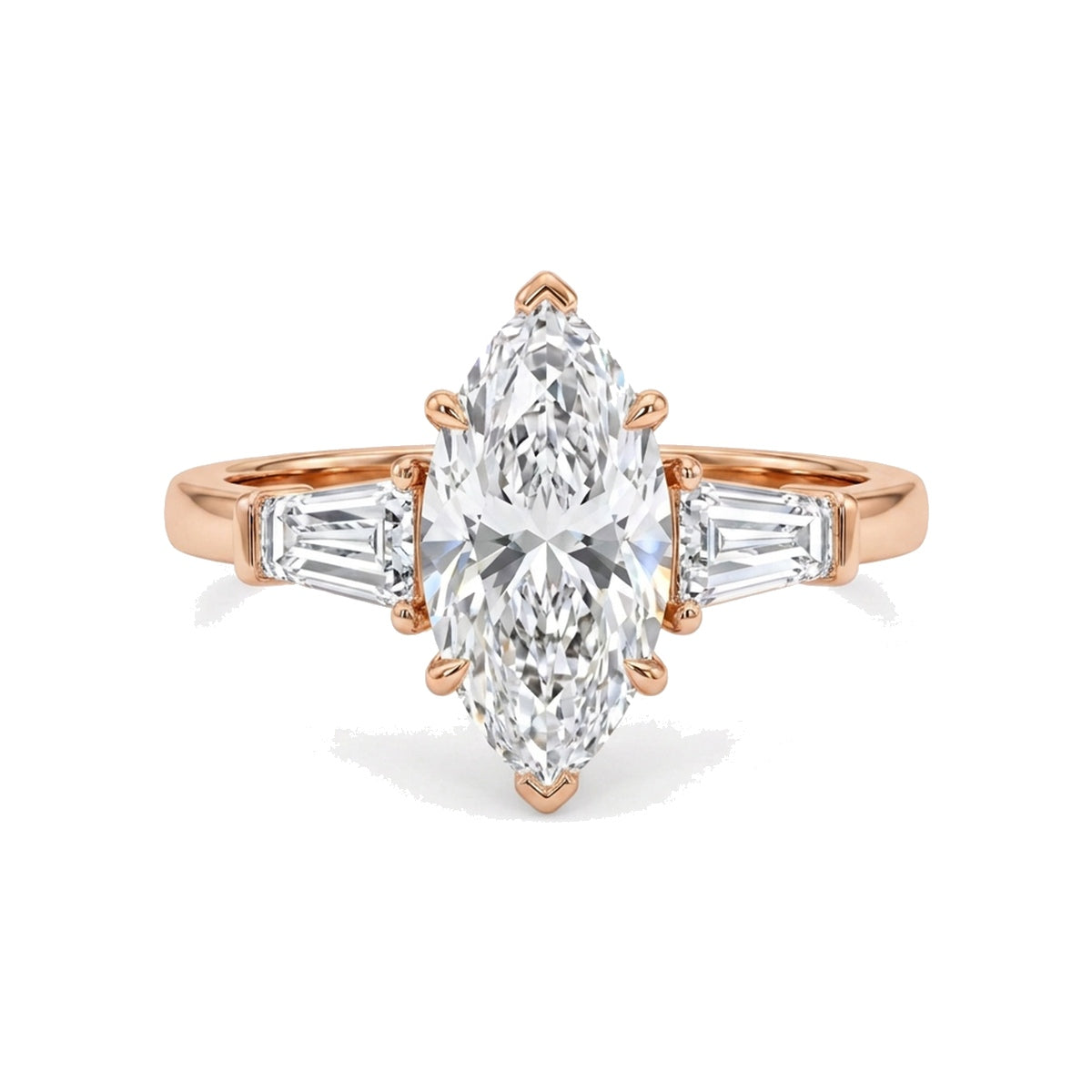 Marquise Three-Stone Ring with Tapered Baguette Sides — marquise and baguette lab grown diamond ring in 9K, 14K or 18K gold