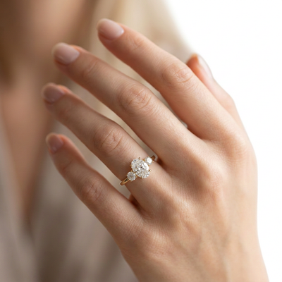 Oval Three-Stone Ring with Round Sides — lab grown diamond ring handcrafted by Vimora Diamonds