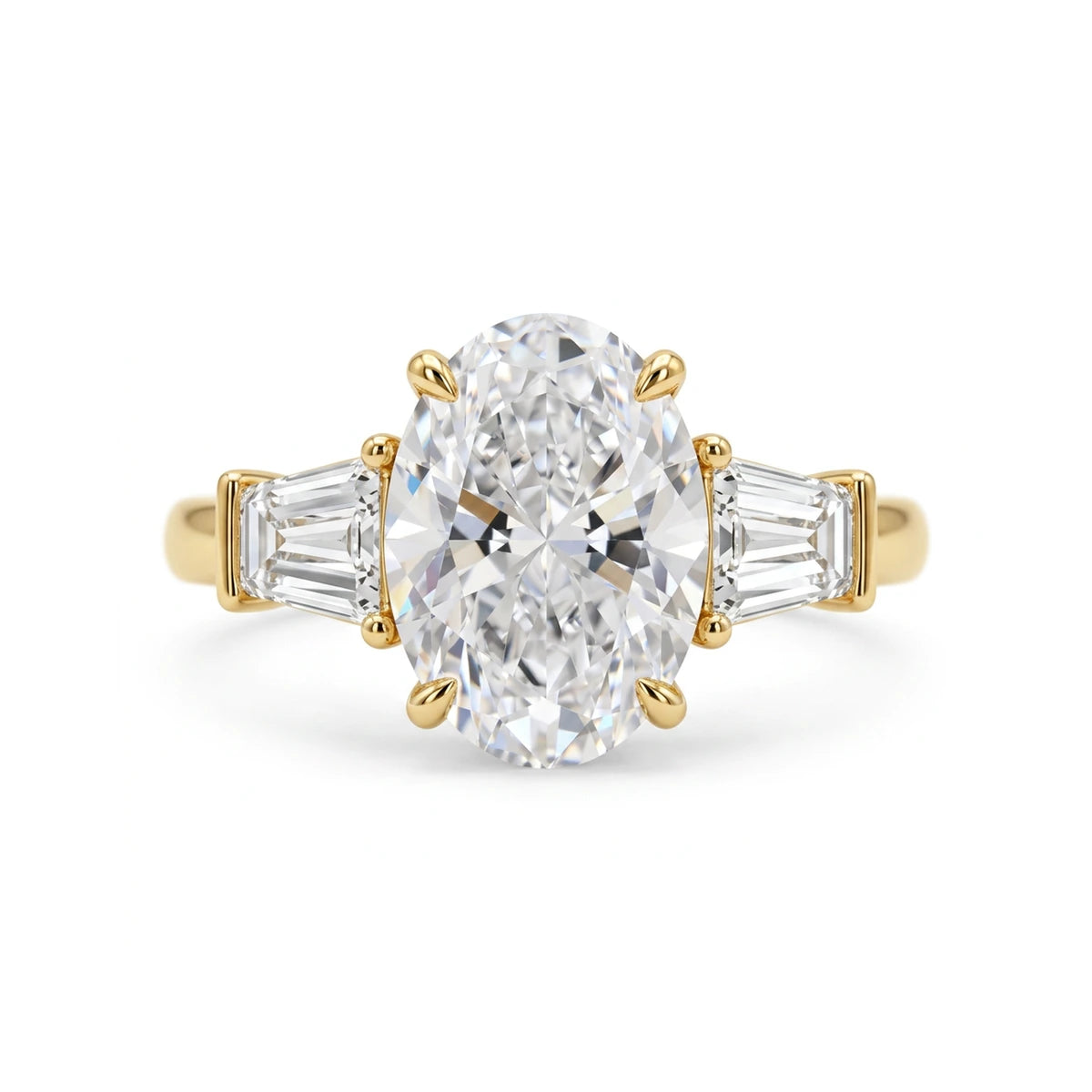 Oval Three-Stone Ring with Tapered Baguette Sides — oval and baguette lab grown diamond ring by Vimora Diamonds