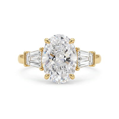 Oval Three-Stone Ring with Tapered Baguette Sides — oval and baguette lab grown diamond ring by Vimora Diamonds