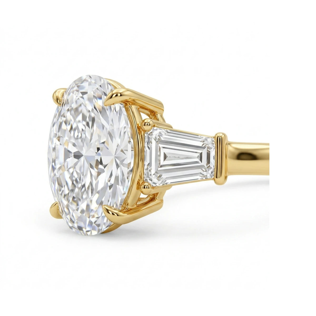 Oval Three-Stone Ring with Tapered Baguette Sides in IGI certified lab grown diamond and BIS hallmarked gold