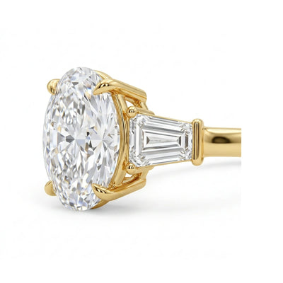 Oval Three-Stone Ring with Tapered Baguette Sides in IGI certified lab grown diamond and BIS hallmarked gold
