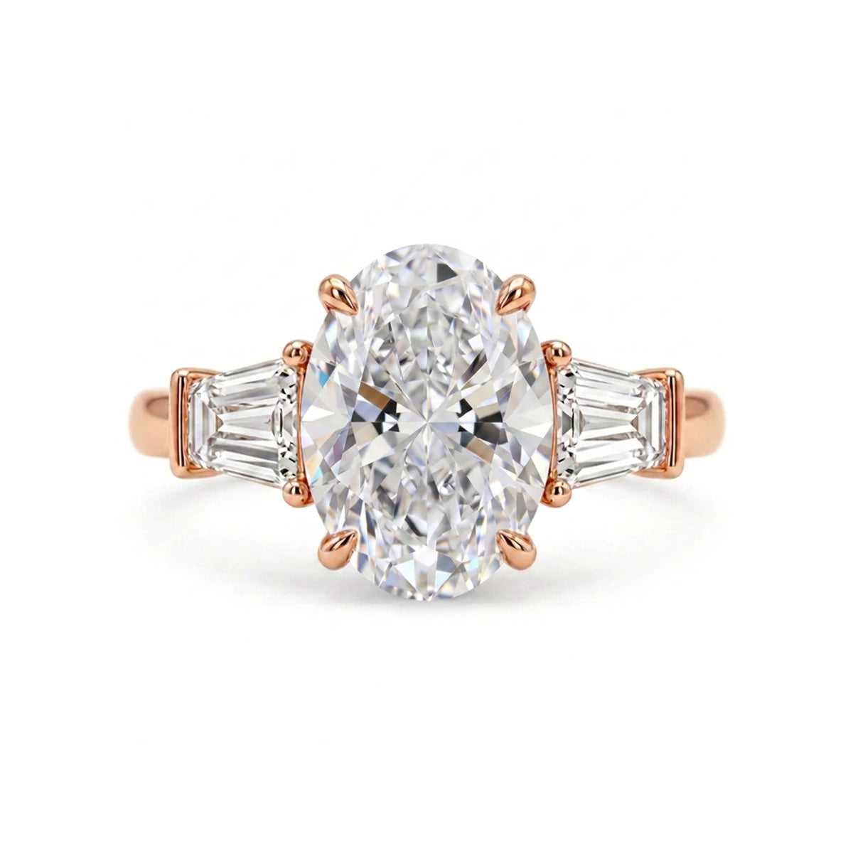 Oval Three-Stone Ring with Tapered Baguette Sides — certified lab grown diamond ring from Vimora Diamonds