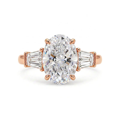 Oval Three-Stone Ring with Tapered Baguette Sides — certified lab grown diamond ring from Vimora Diamonds