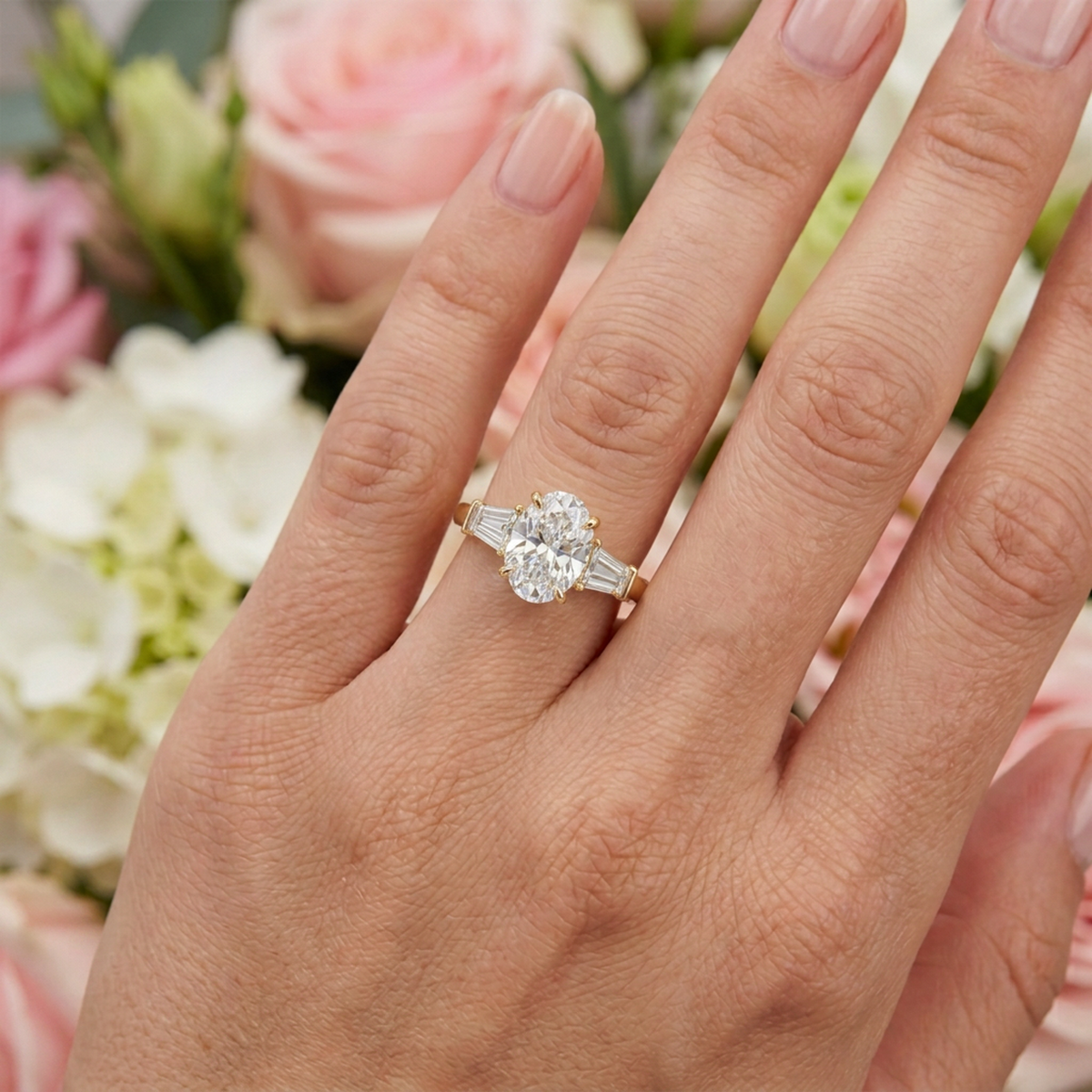 Oval Three-Stone Ring with Tapered Baguette Sides — lab grown diamond ring handcrafted by Vimora Diamonds