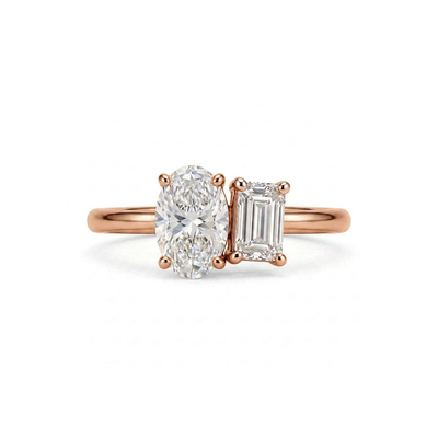 Oval & Emerald Toi et Moi Ring — emerald and oval lab grown diamond ring in 9K, 14K or 18K gold