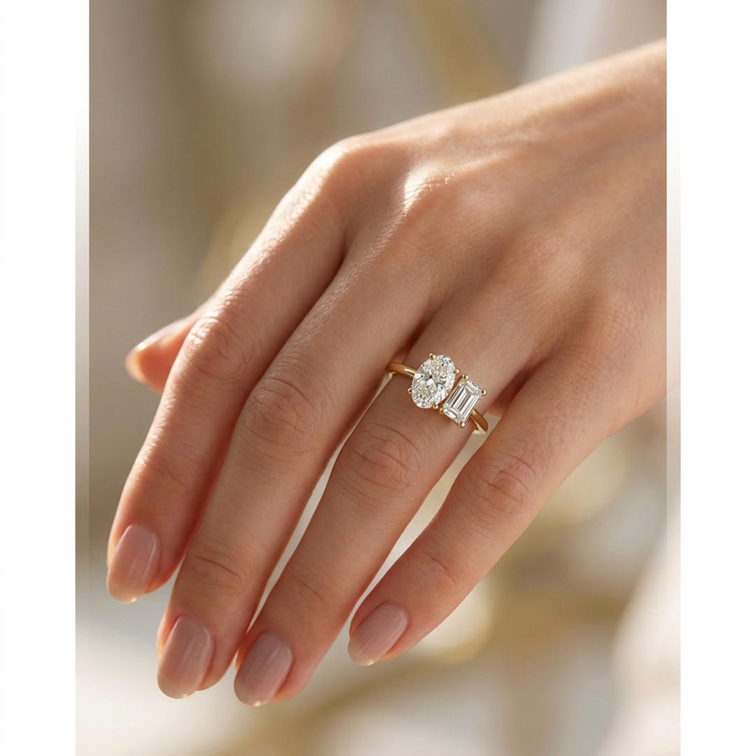 Oval & Emerald Toi et Moi Ring — emerald and oval lab grown diamond ring in solid hallmarked gold