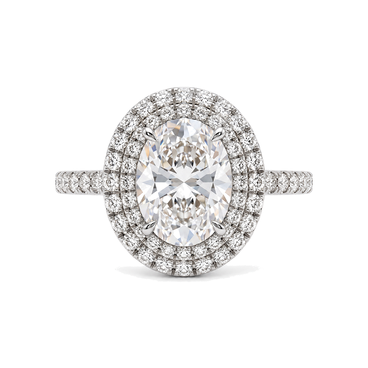 Oval Double Halo Ring with Pavé Band — oval lab grown diamond ring in 9K, 14K or 18K gold