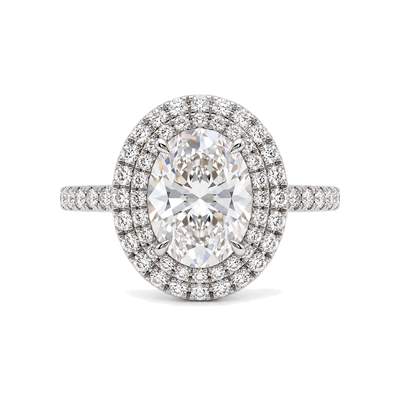 Oval Double Halo Ring with Pavé Band — oval lab grown diamond ring in 9K, 14K or 18K gold