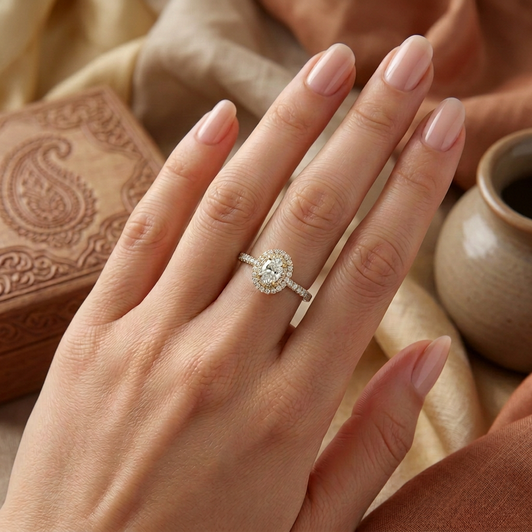 Oval Double Halo Ring with Pavé Band — oval lab grown diamond ring in solid hallmarked gold