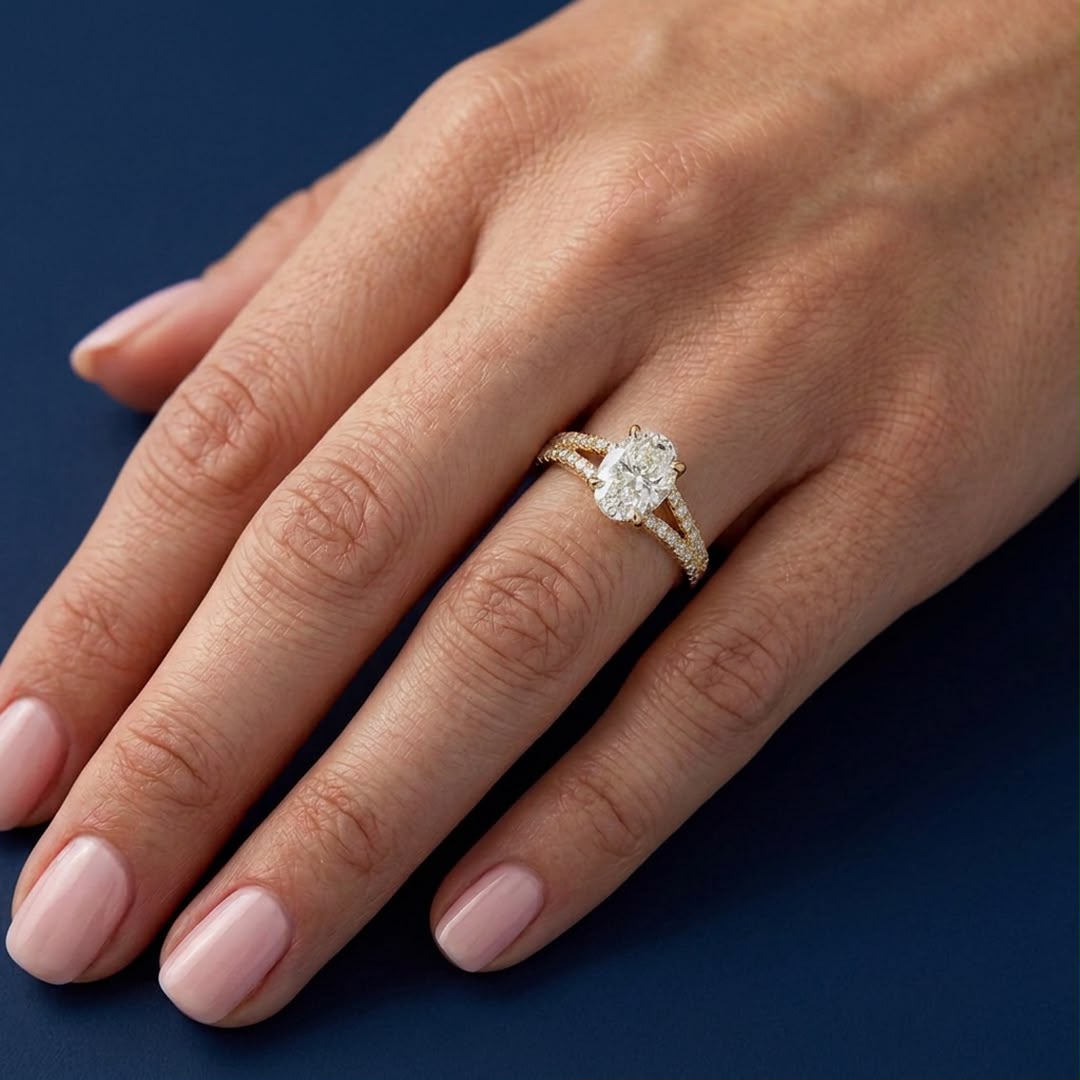 Oval Split Shank Ring with Pavé — lab grown diamond ring handcrafted by Vimora Diamonds