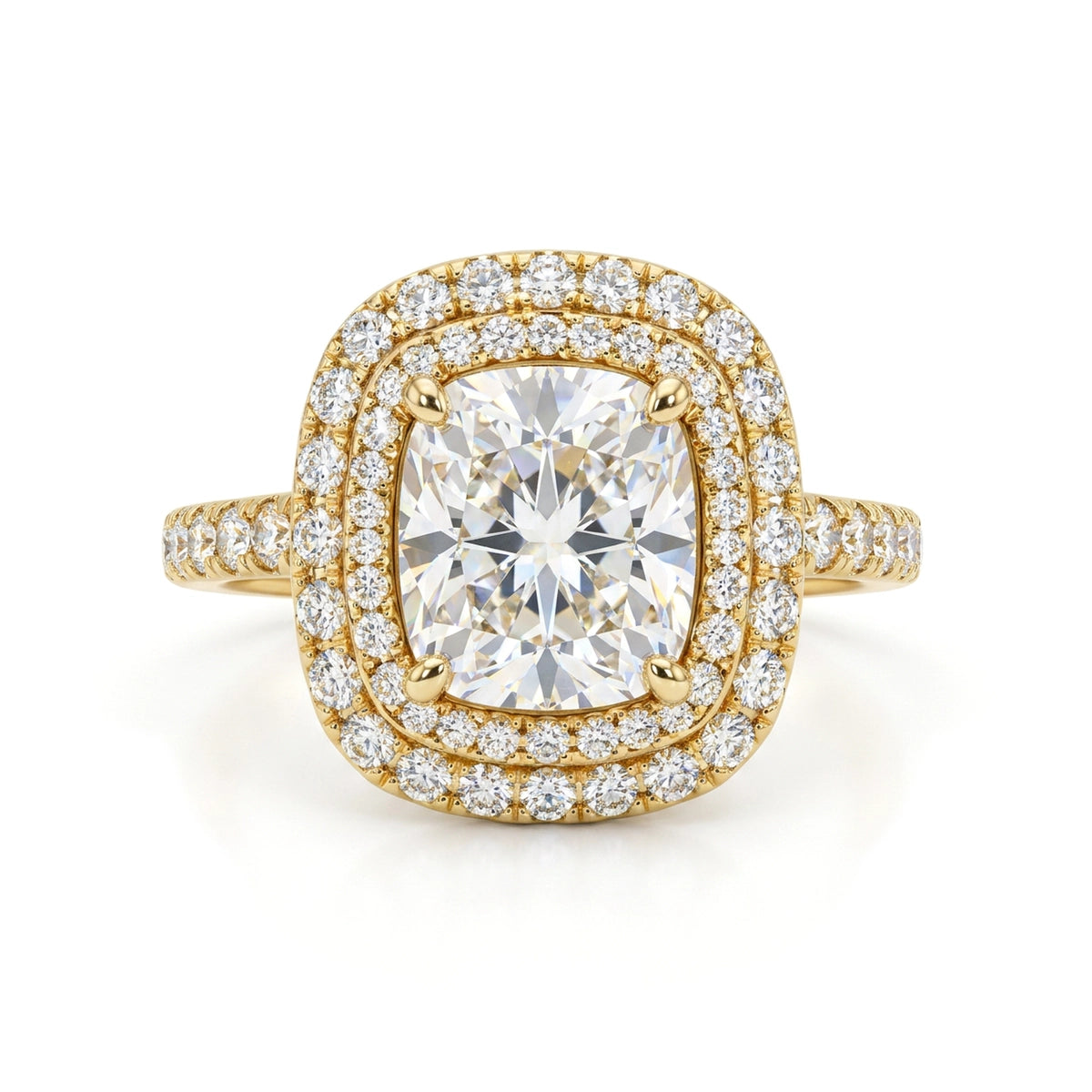 Cushion Double Halo Ring with Pavé Band — cushion lab grown diamond ring by Vimora Diamonds