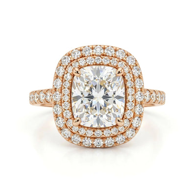 Cushion Double Halo Ring with Pavé Band — cushion lab grown diamond ring in 9K, 14K or 18K gold