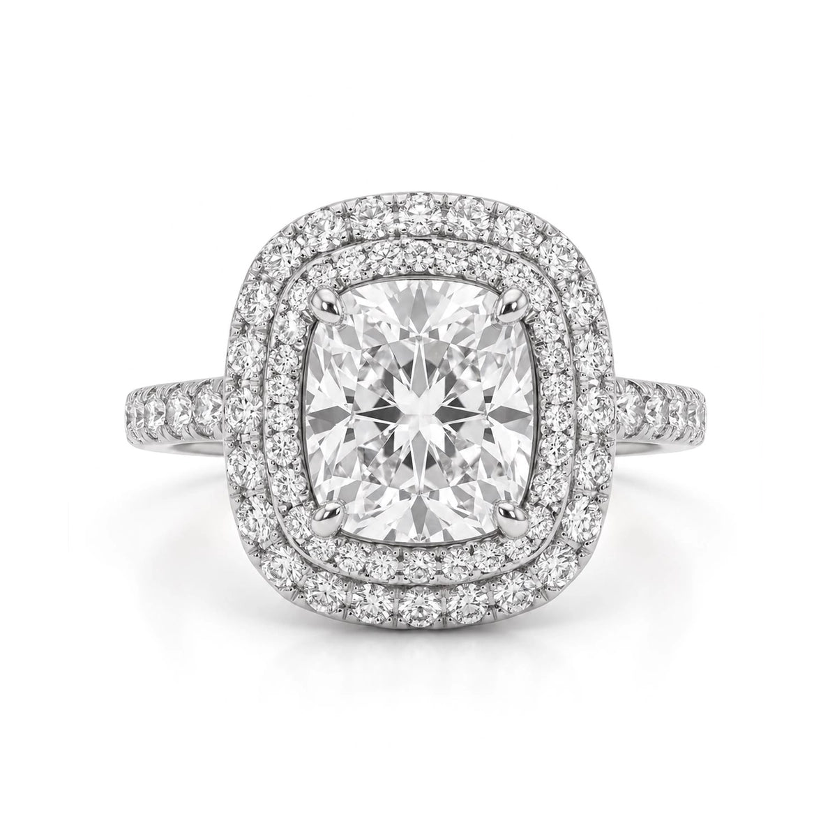 Cushion Double Halo Ring with Pavé Band — certified lab grown diamond ring from Vimora Diamonds