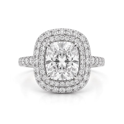Cushion Double Halo Ring with Pavé Band — certified lab grown diamond ring from Vimora Diamonds