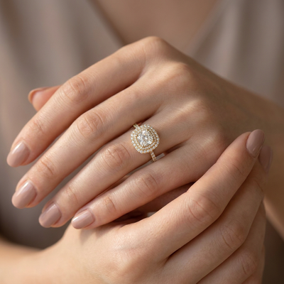 Cushion Double Halo Ring with Pavé Band — cushion lab grown diamond ring in solid hallmarked gold