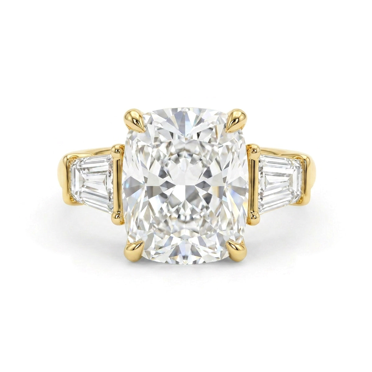Cushion Three-Stone Ring with Trapezoid Sides — cushion and trapezoid lab grown diamond ring by Vimora Diamonds