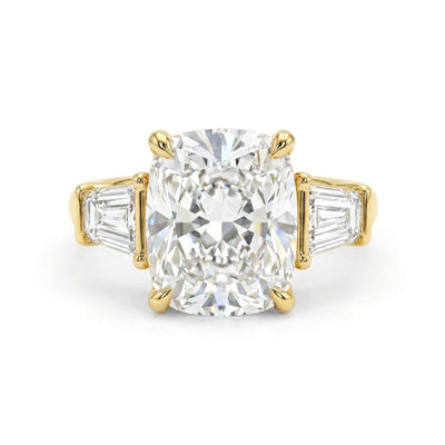 Cushion Three-Stone Ring with Trapezoid Sides — cushion and trapezoid lab grown diamond ring by Vimora Diamonds