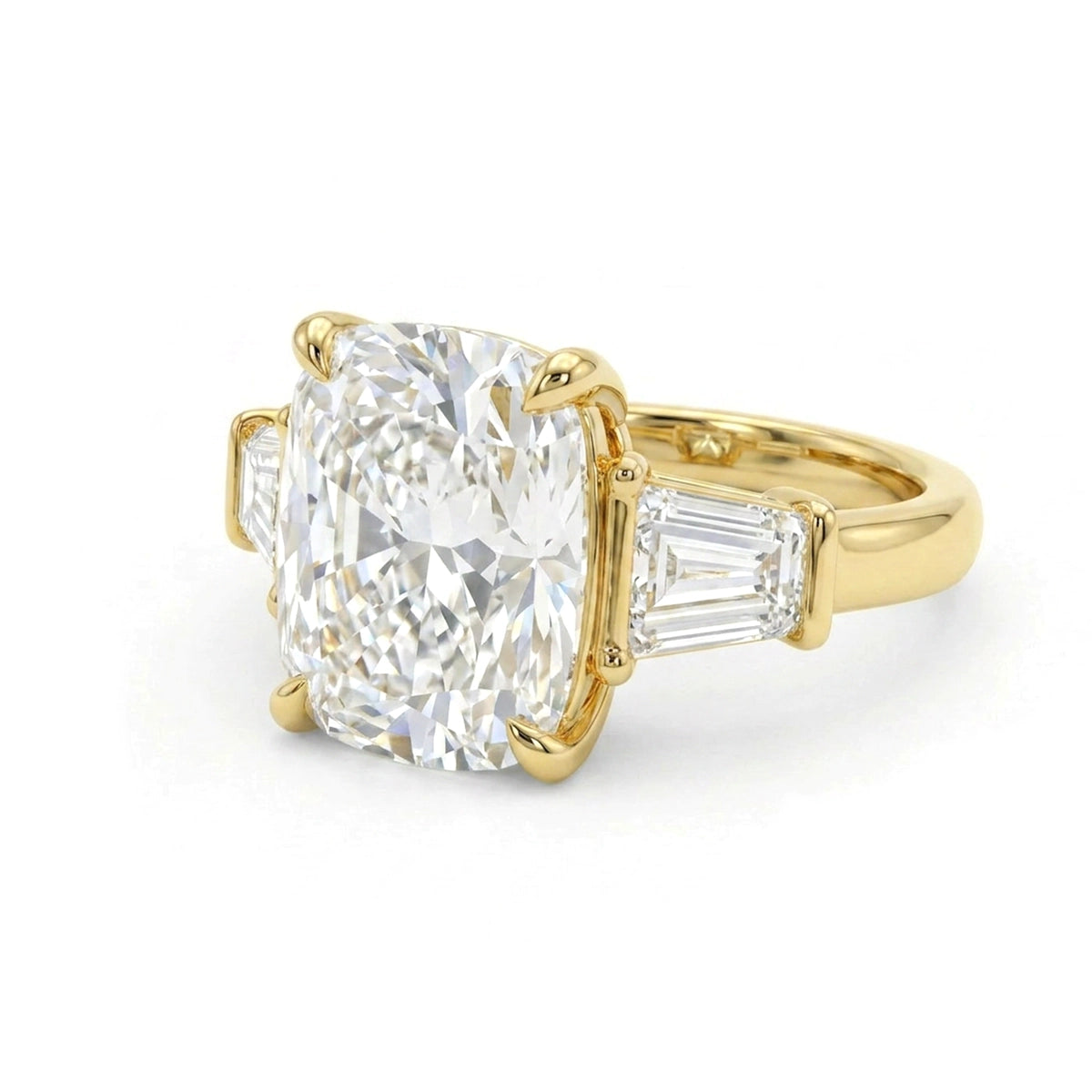Cushion Three-Stone Ring with Trapezoid Sides in IGI certified lab grown diamond and BIS hallmarked gold