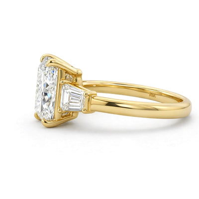Cushion Three-Stone Ring with Trapezoid Sides — cushion and trapezoid lab grown diamond ring in 9K, 14K or 18K gold