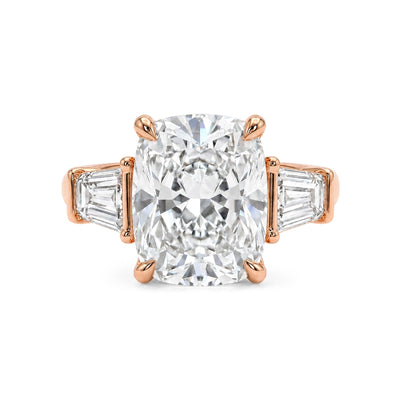 Cushion Three-Stone Ring with Trapezoid Sides — certified lab grown diamond ring from Vimora Diamonds