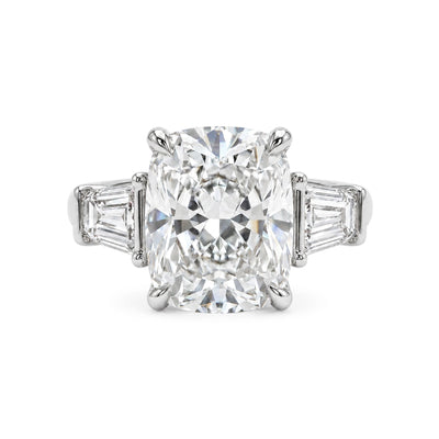 Cushion Three-Stone Ring with Trapezoid Sides — cushion and trapezoid lab grown diamond ring in solid hallmarked gold