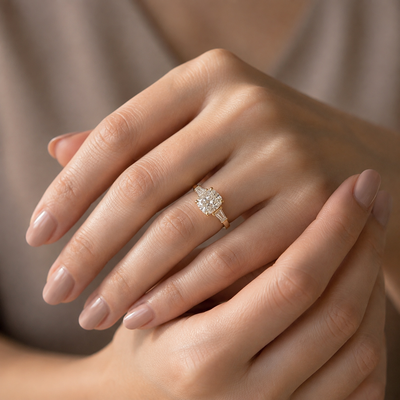 Cushion Three-Stone Ring with Trapezoid Sides — lab grown diamond ring handcrafted by Vimora Diamonds