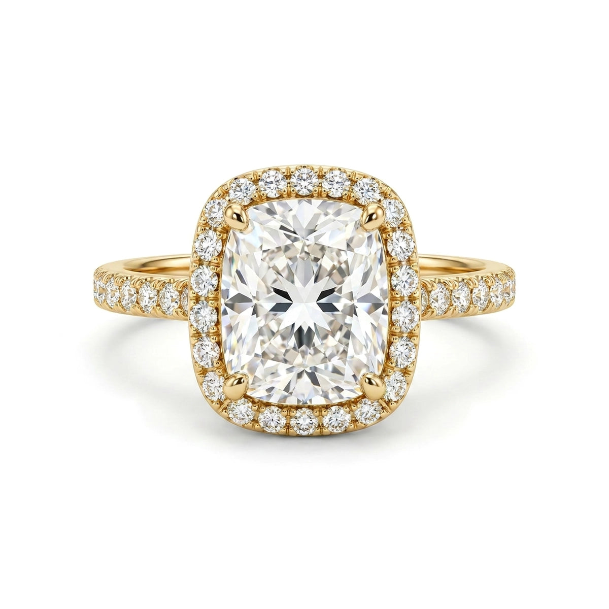 Cushion Halo Ring with Pavé Band — cushion lab grown diamond ring by Vimora Diamonds
