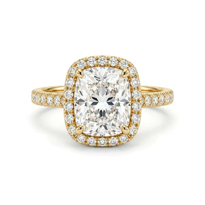 Cushion Halo Ring with Pavé Band — cushion lab grown diamond ring by Vimora Diamonds