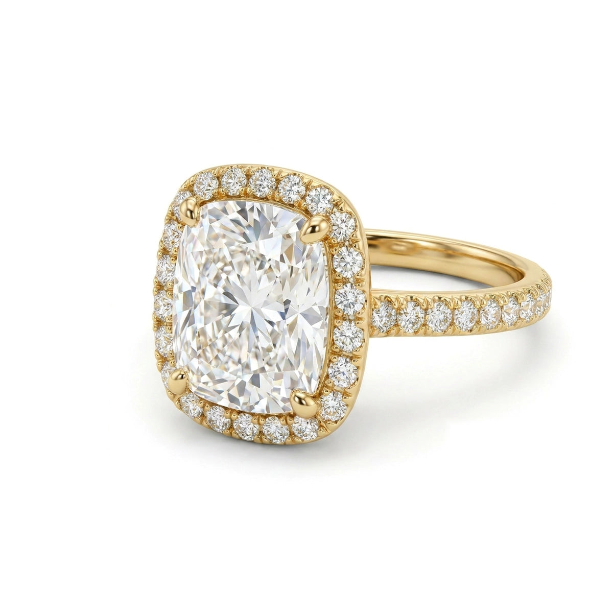 Cushion Halo Ring with Pavé Band in IGI certified lab grown diamond and BIS hallmarked gold