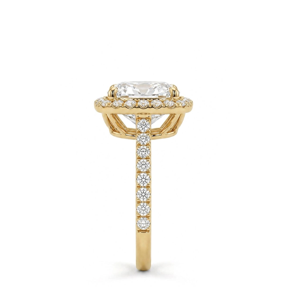 Cushion Halo Ring with Pavé Band — cushion lab grown diamond ring in 9K, 14K or 18K gold