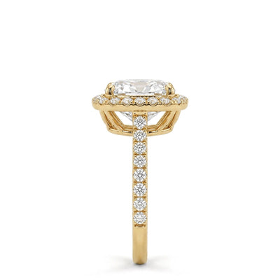 Cushion Halo Ring with Pavé Band — cushion lab grown diamond ring in 9K, 14K or 18K gold