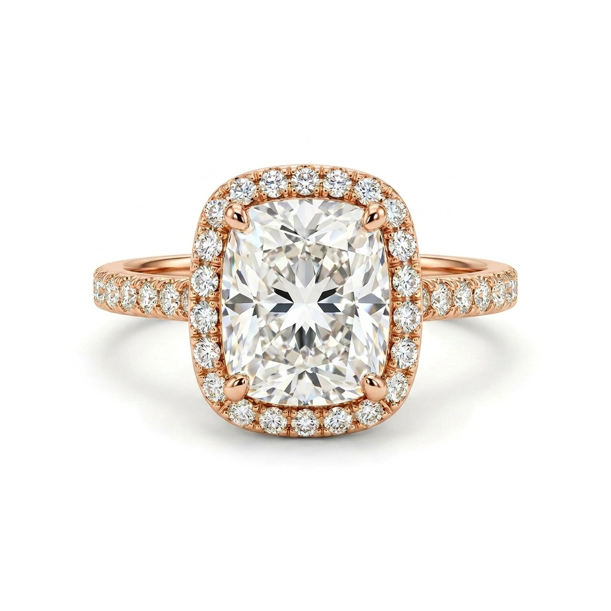 Cushion Halo Ring with Pavé Band — certified lab grown diamond ring from Vimora Diamonds